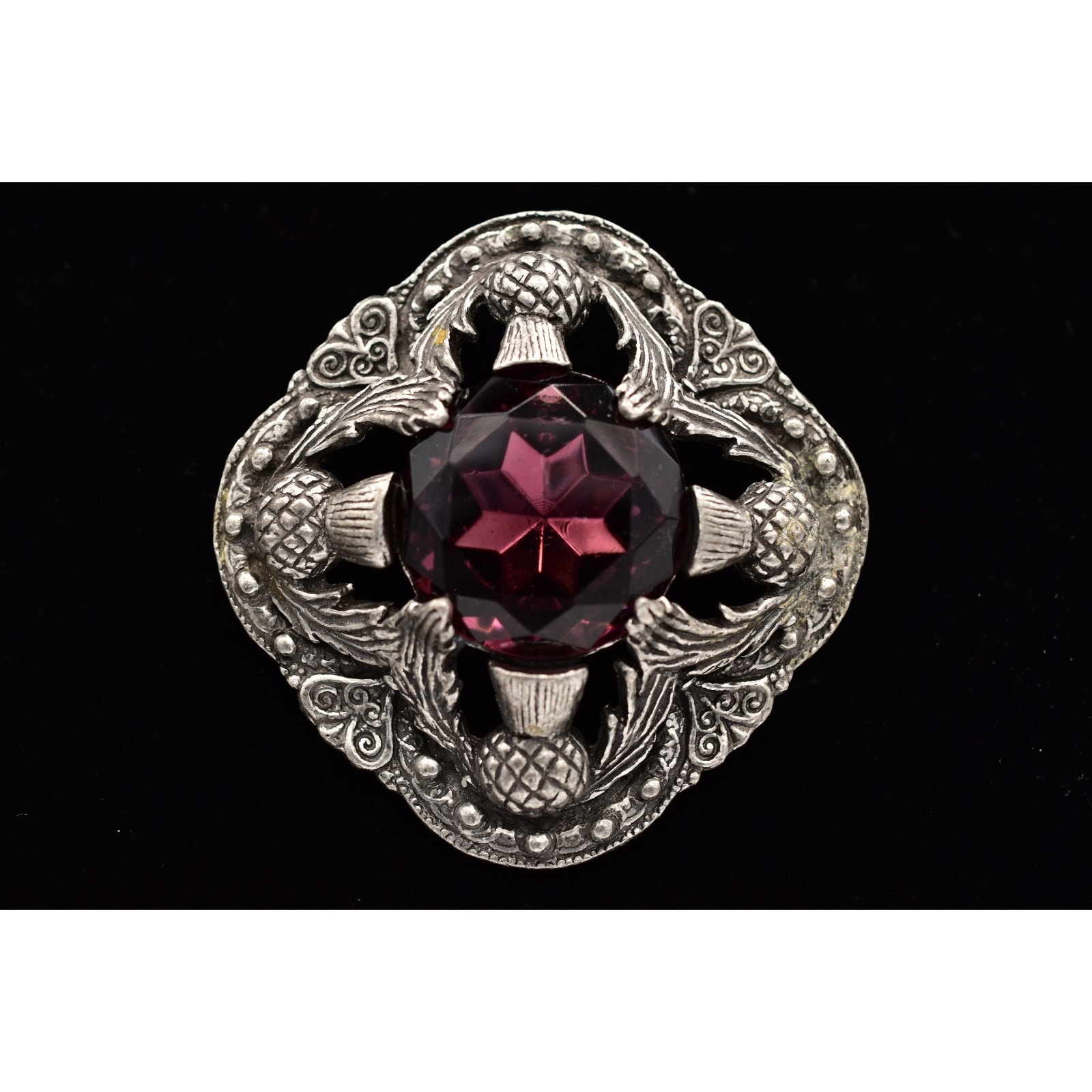 Miracle Vintage Scottish Thistle Pin Brooch Purple Crystal Chunky Signed Binaj